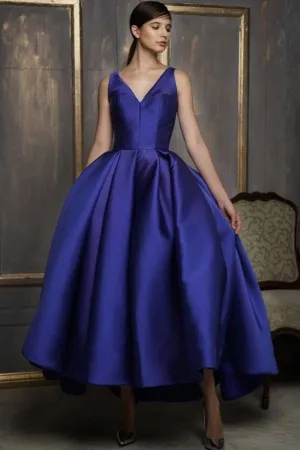 royal blue satin v neck ankle length party wear dress