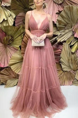 vintage rose pleated tulle plunging neck formal wear