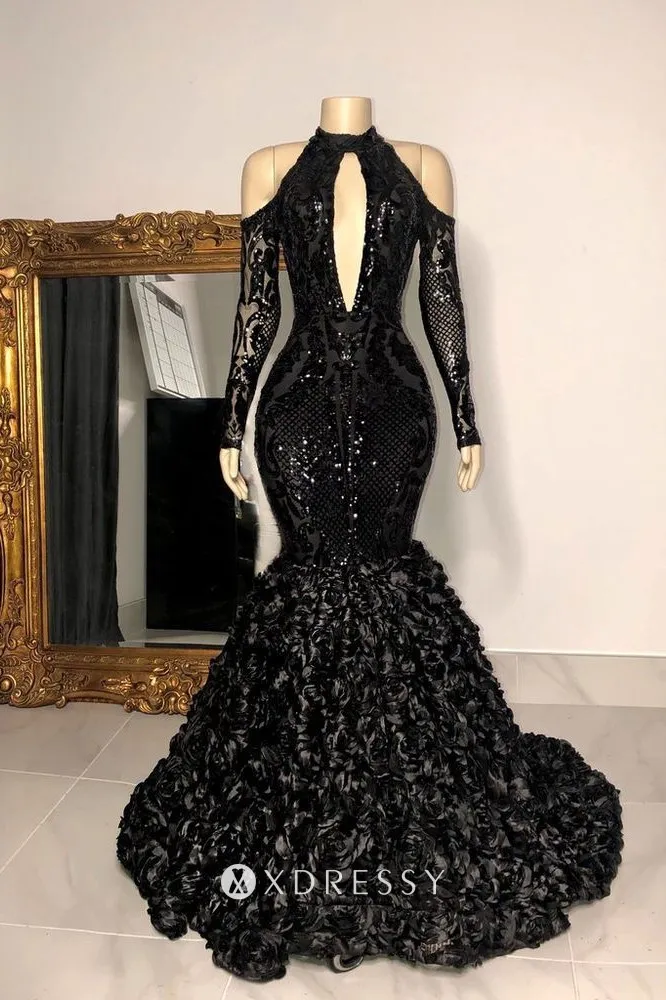 unique black sequin 3d rosette long sleeve prom dress
