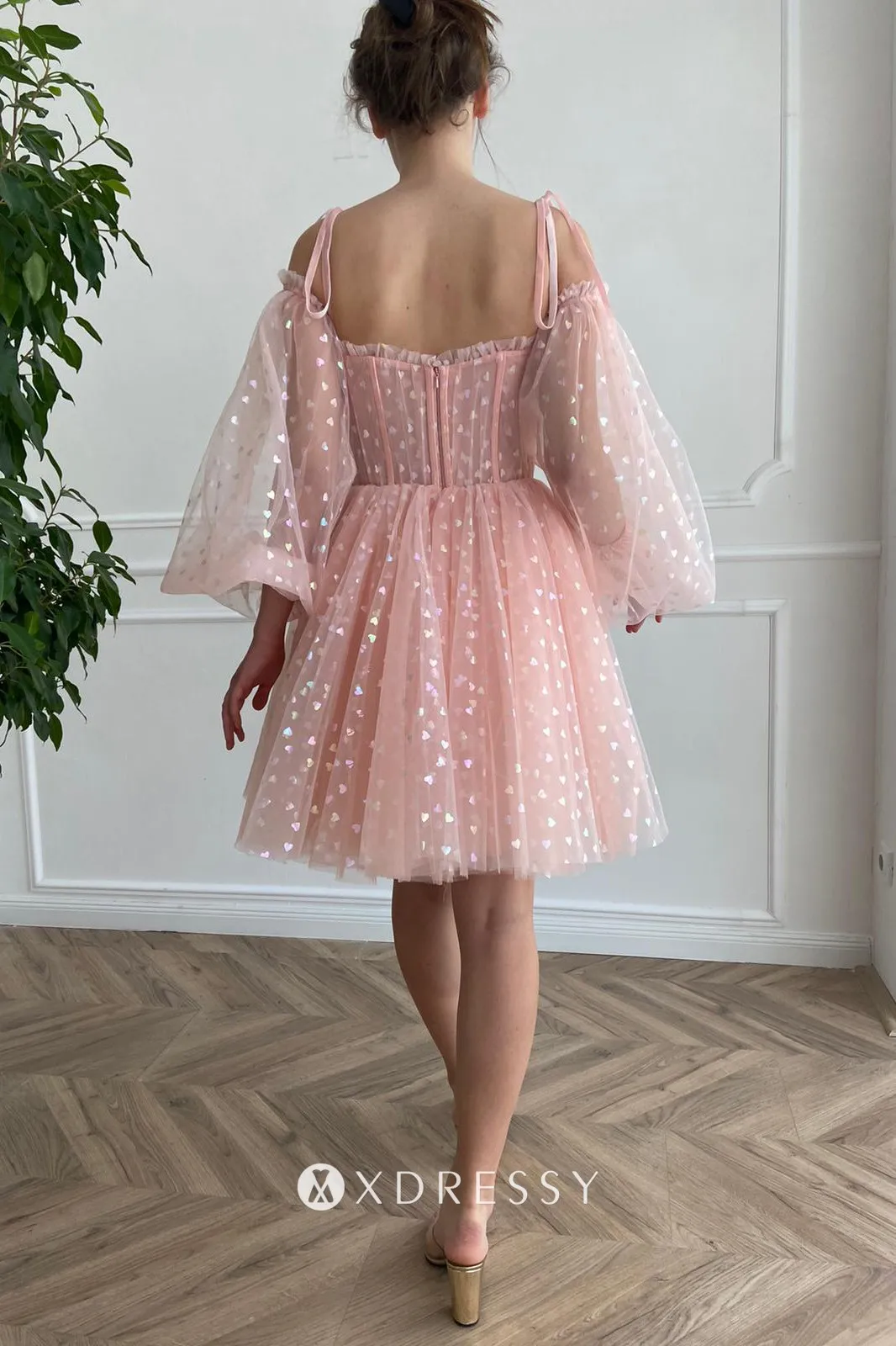shining colorful heart pink tulle short birthday dress
