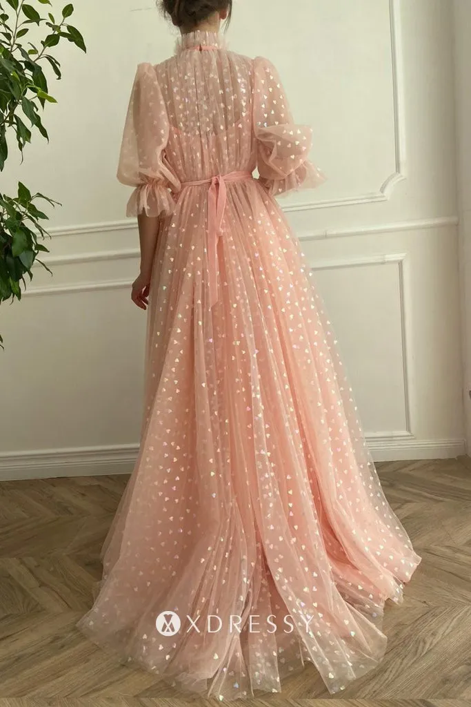 peach pink high neck illusion heart tulle prom dress with short train