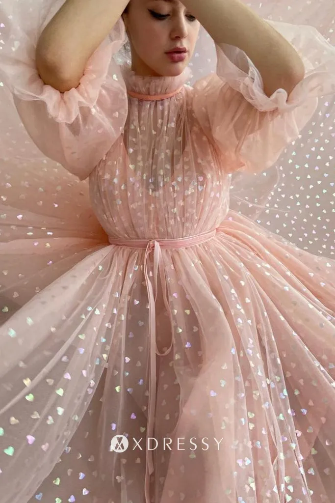peach pink illusion half sleeve heart tulle prom dress