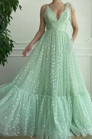 mint glitter heart tulle a line long birthday dress