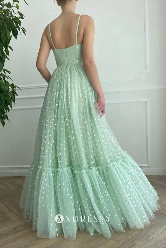 mint glitter heart tulle a line long prom dress mint glitter heart tulle a line long prom dress