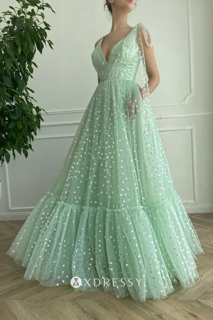 mint glitter heart tulle v neck a line long dress mint glitter heart tulle v neck a line long dress