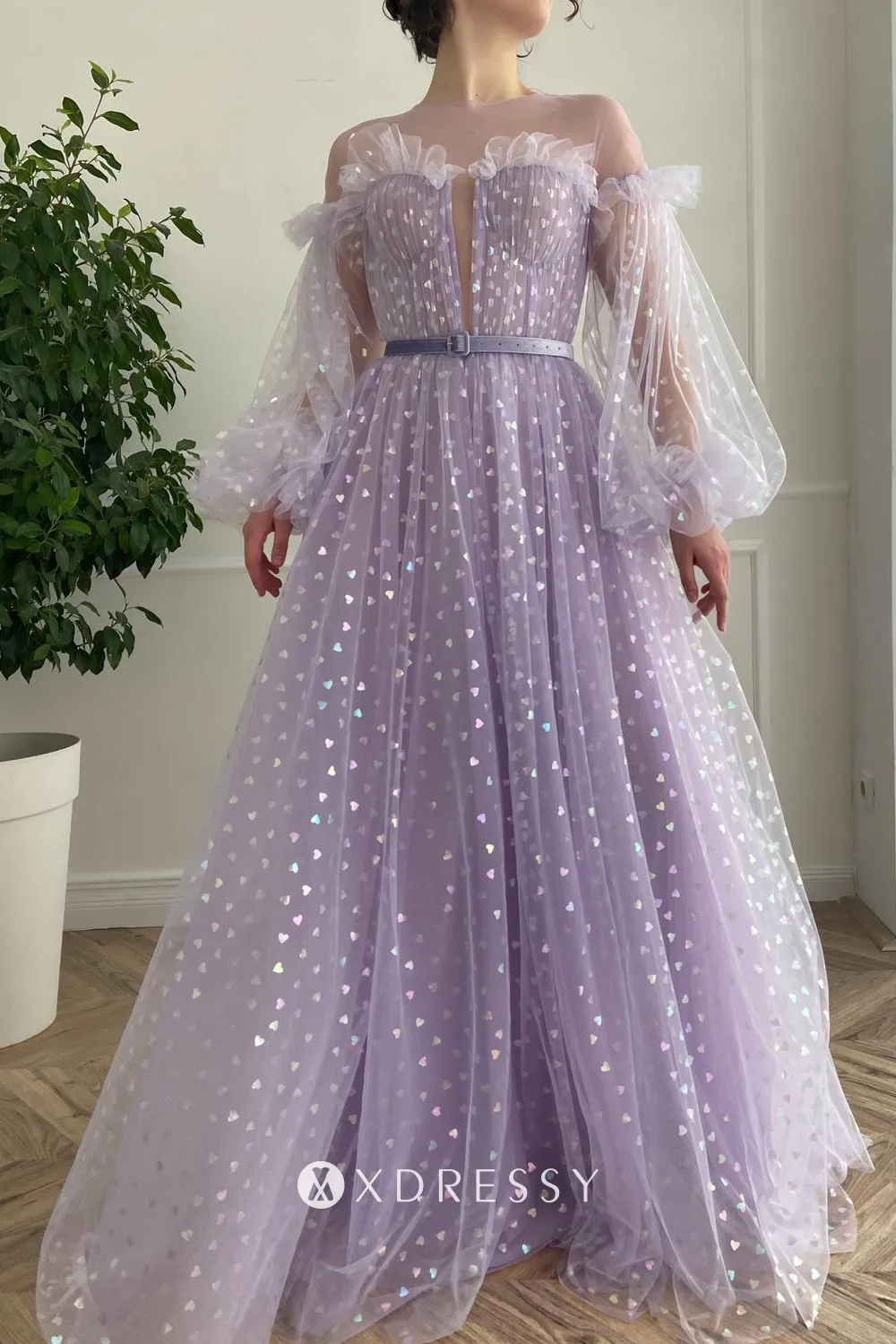 fairy lavender heart tulle illusion A line long prom dress with belt
