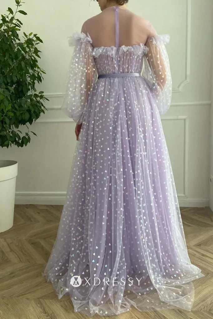 lavender heart tulle illusion back prom dress with belt