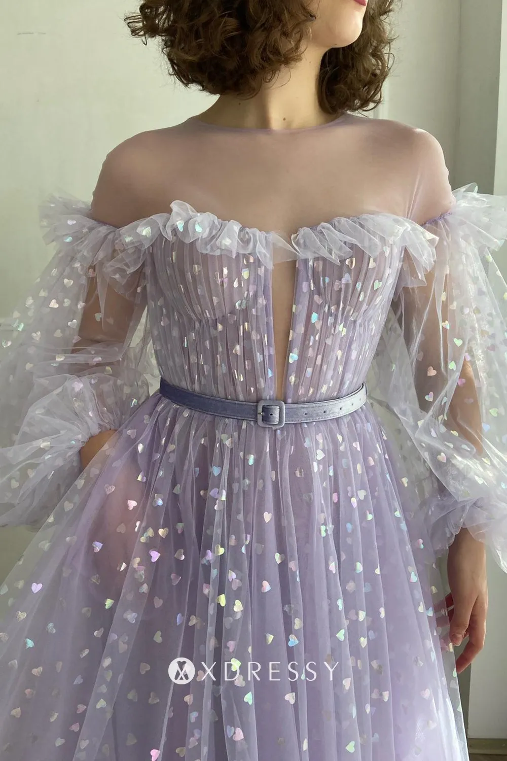Lavender Heart Tulle Illusion Neck Prom Dress with Belt Xdressy