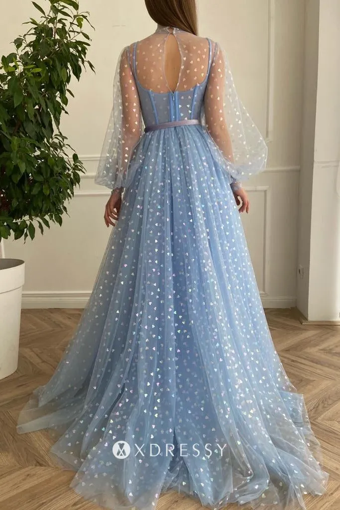 blue heart tulle sheer a line long party dress blue heart tulle sheer a line long party dress