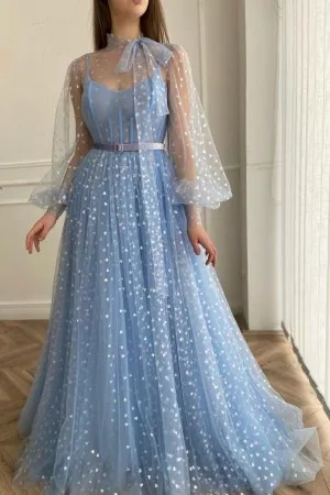 blue printed heart tulle sheer puffy sleeve prom dress