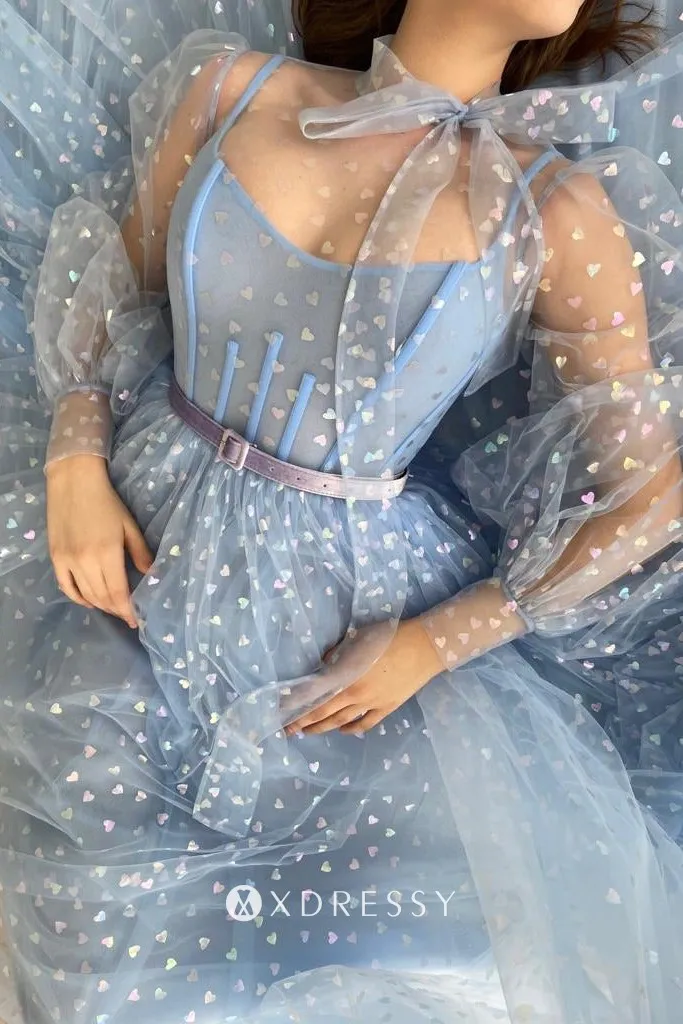 blue printed heart tulle sheer puffy sleeve prom dress with belt blue printed heart tulle sheer puffy sleeve prom dress with belt