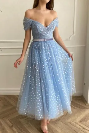 off shoulder blue heart tulle ankle length dance gown
