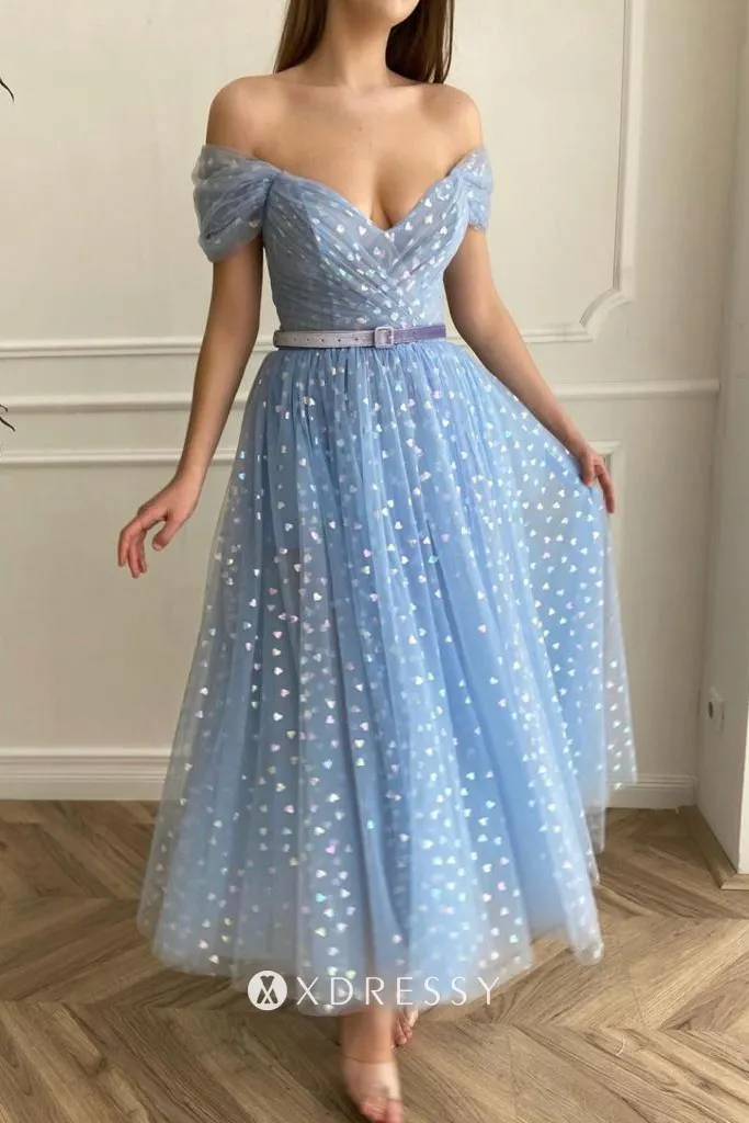off shoulder blue heart tulle ankle length dance gown
