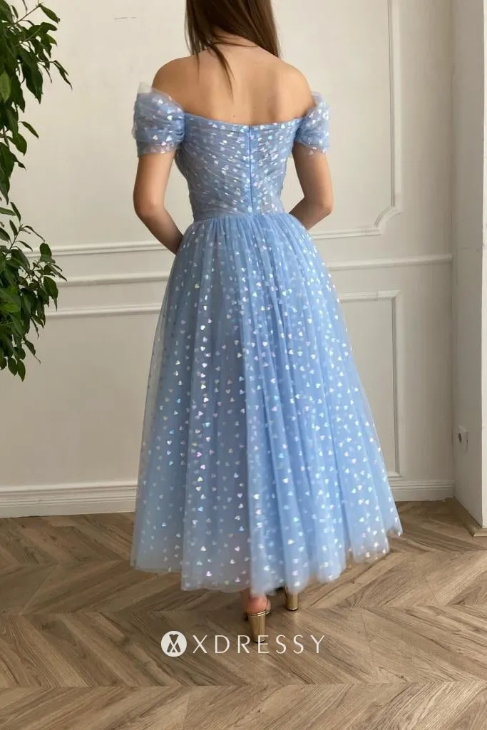 off shoulder blue heart tulle ankle length prom gown