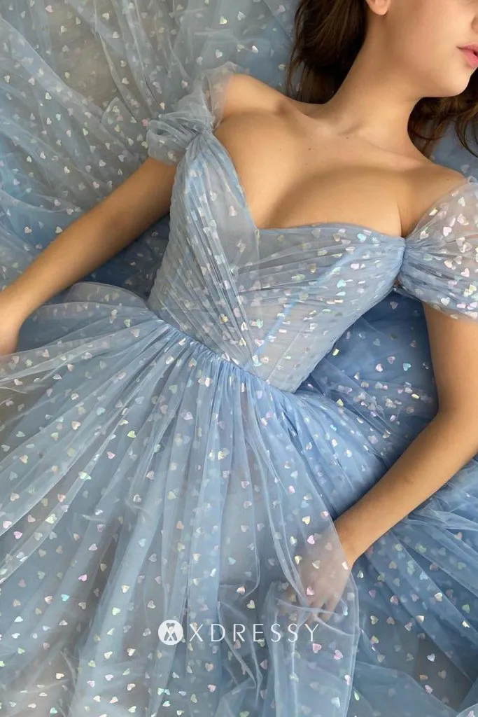 off shoulder v neck blue heart tulle prom gown