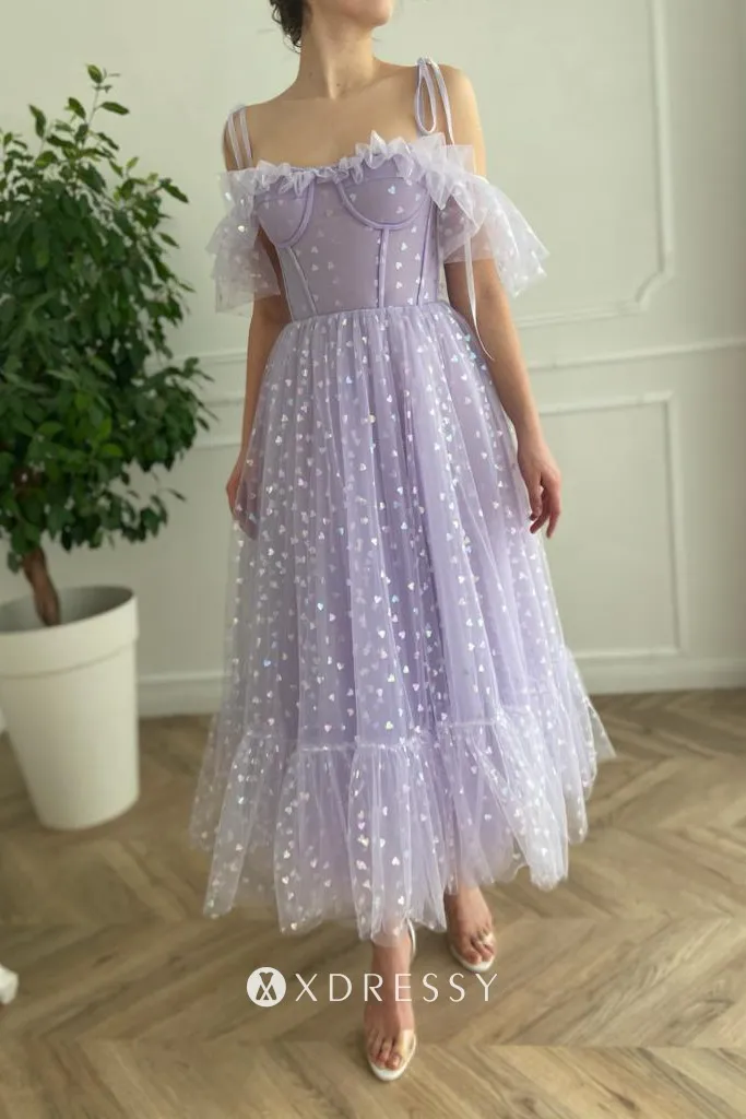 lavender heart tulle corset ankle length prom dress