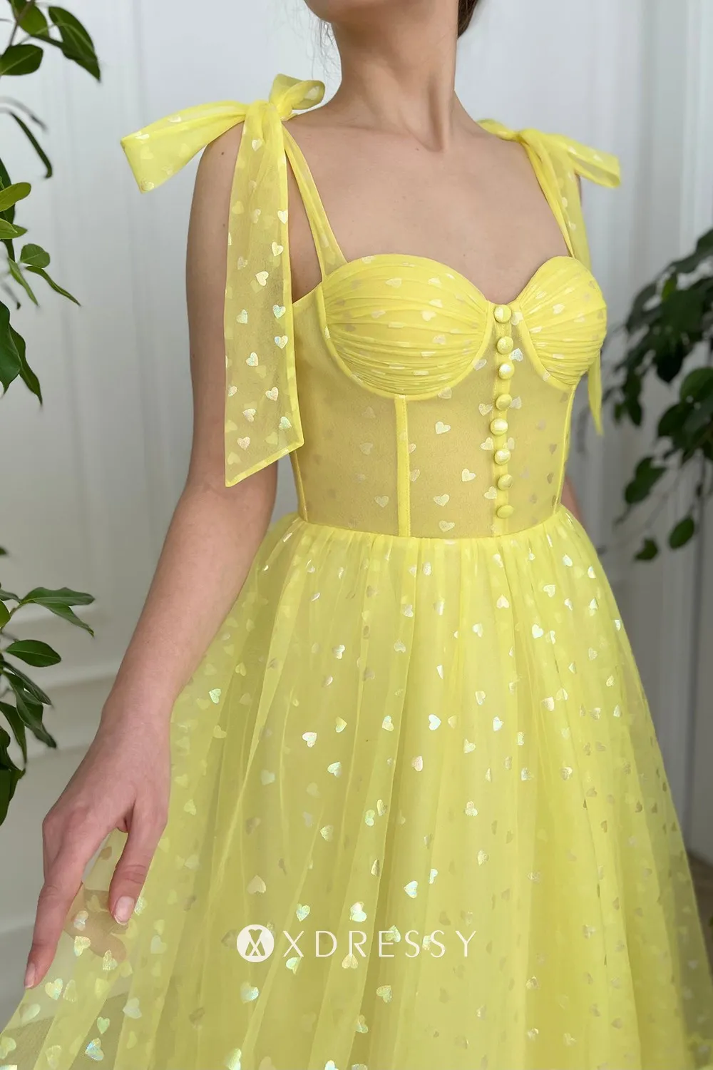 bow strap buttons yellow heart tulle birthday party gown