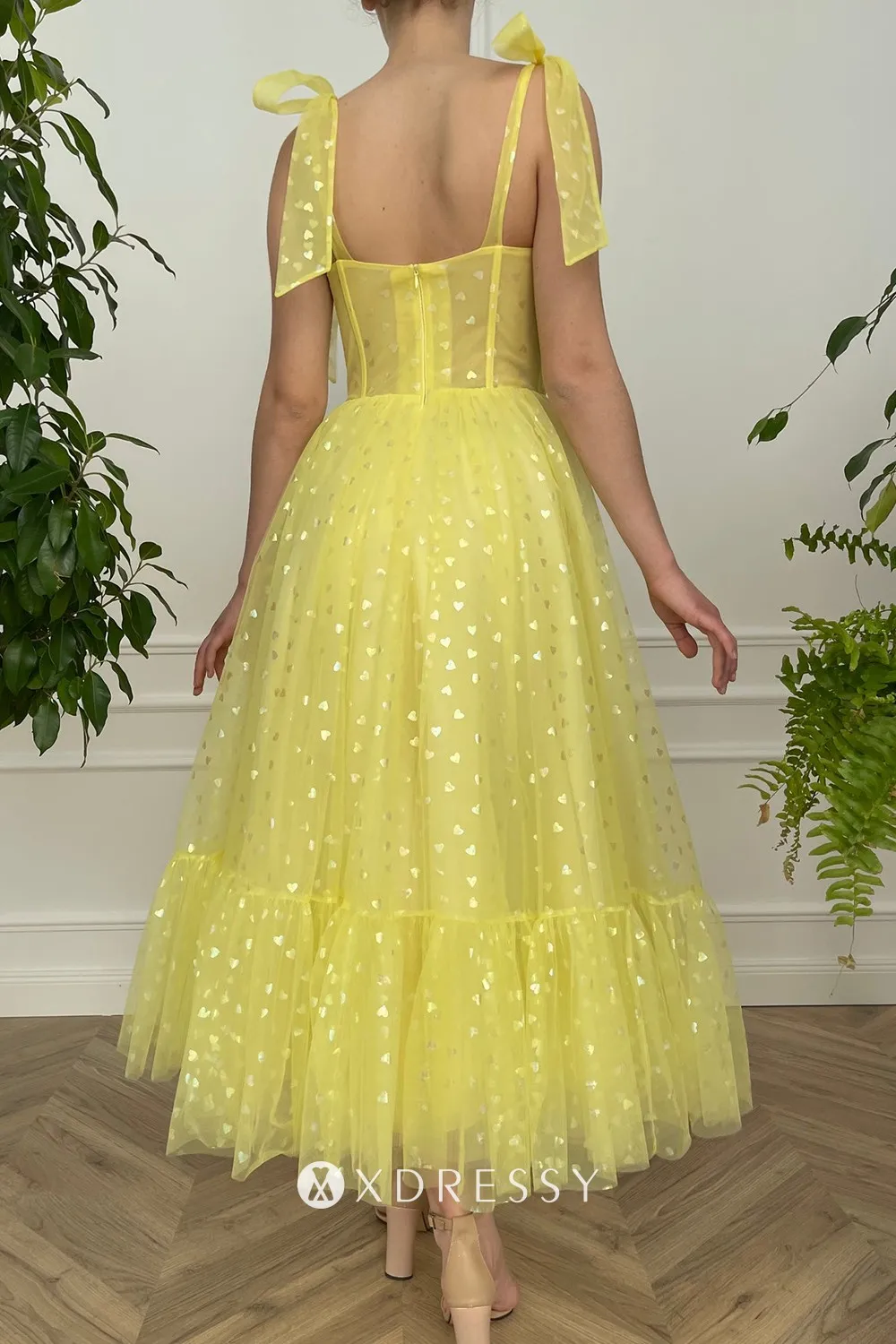 cute yellow heart tulle bow strap a line ankle length birthday dress
