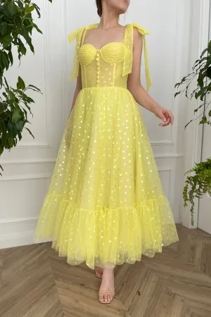 yellow heart tulle bow strap ankle length birthday gown
