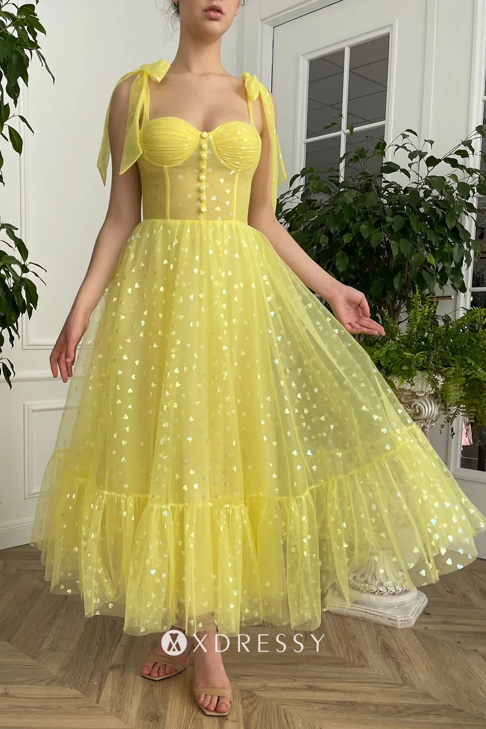 yellow heart tulle bow strap sweetheart neckline ankle length prom gown