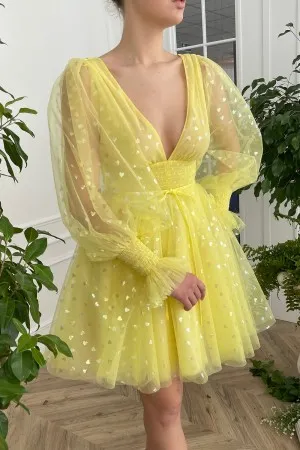 yellow heart tulle plunging neck a line mini party wear