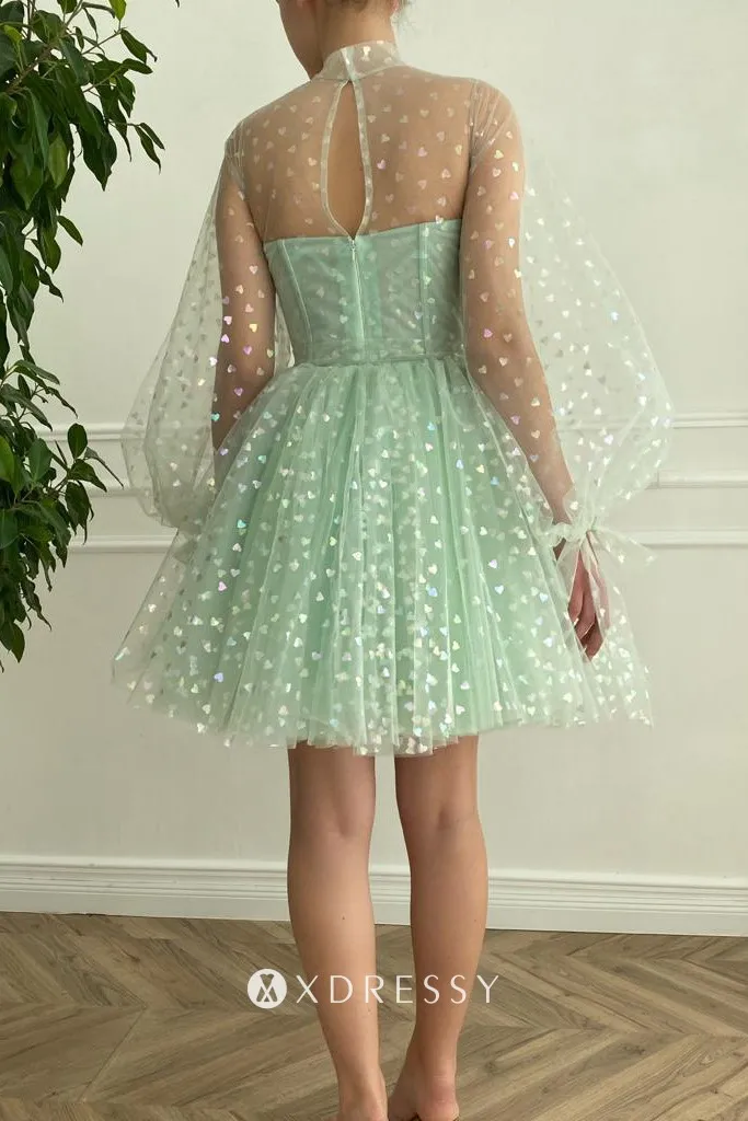 Mint Green Tulle Overlay High Neck 