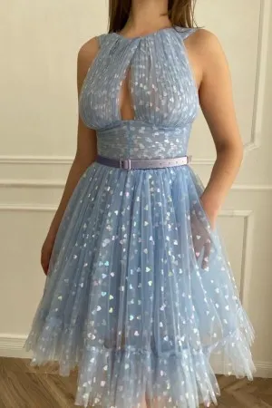 blue heart tulle pleated halter short homecoming dress