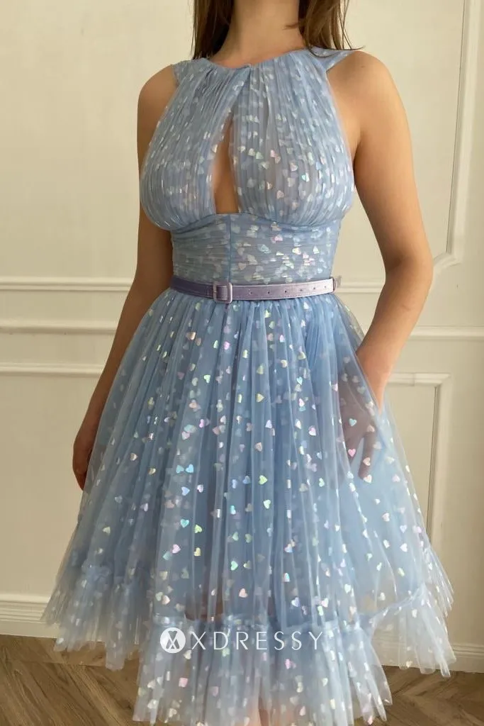 blue heart tulle pleated halter short homecoming dress blue heart tulle pleated halter short homecoming dress