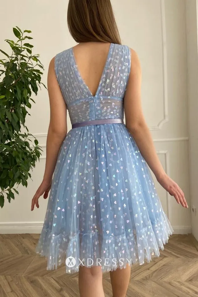 pleated blue heart tulle v back short homecoming dress pleated blue heart tulle v back short homecoming dress