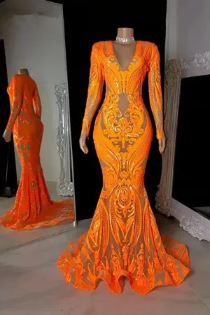 orange sparkly sequined mermaid African American dress