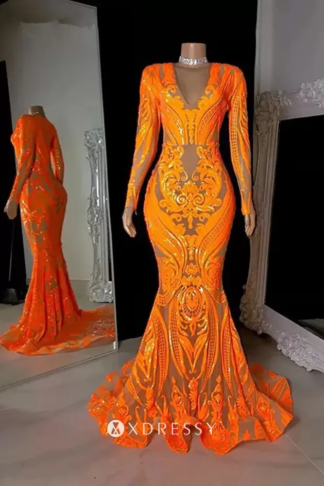 orange sparkly sequined mermaid African American dress