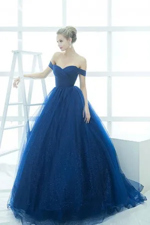 ink blue glitter tulle off shoulder princess ball gown