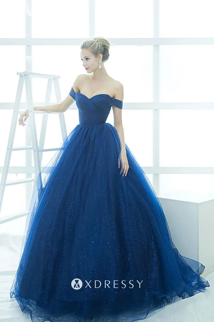 ink blue glitter tulle off shoulder princess ball gown ink blue glitter tulle off shoulder princess ball gown