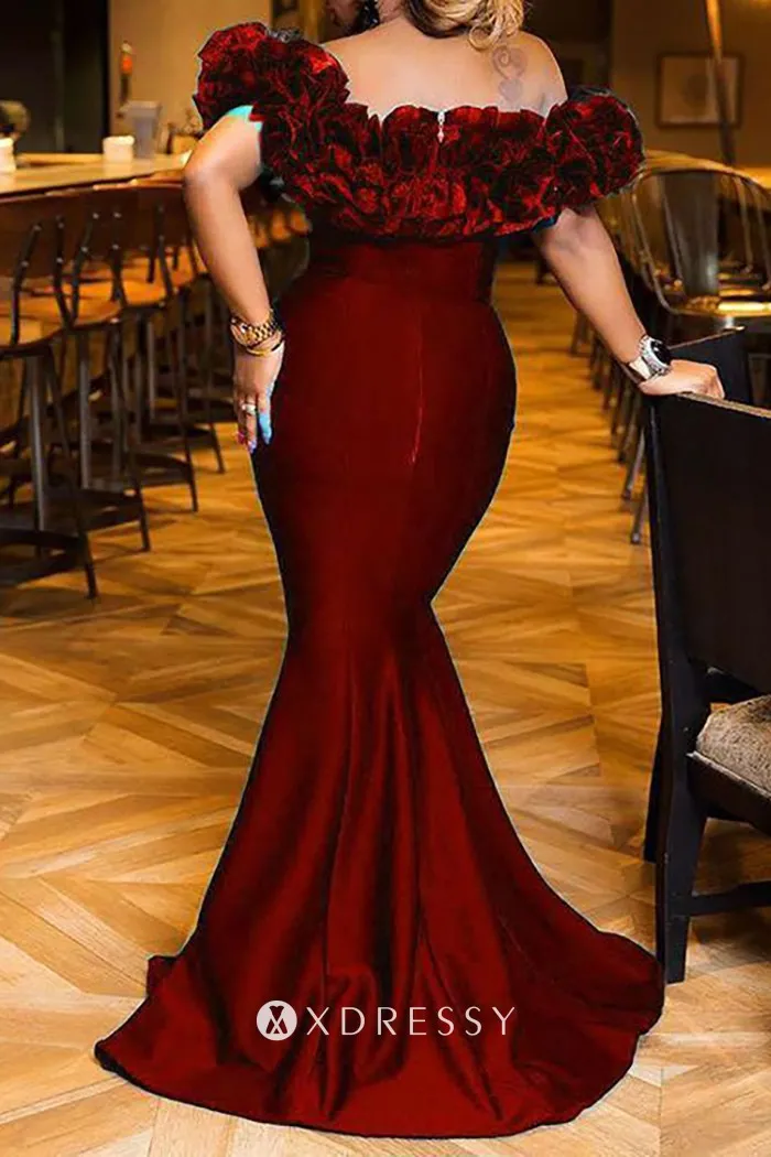 off the shoulder mermaid burgundy satin ruffled neck prom gown off the shoulder mermaid burgundy satin ruffled neck prom gown