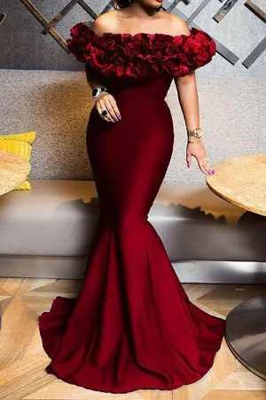ruffled off the shoulder mermaid burgundy prom gown