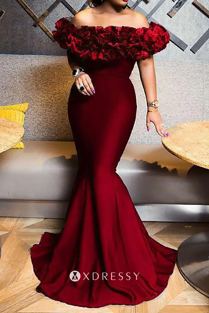 ruffled off the shoulder mermaid burgundy prom gown ruffled off the shoulder mermaid burgundy prom gown