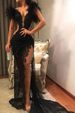 black lace feather sexy side slit mermaid prom gown