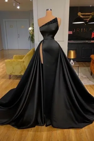 black satin beaded one shoulder high slit evening dress