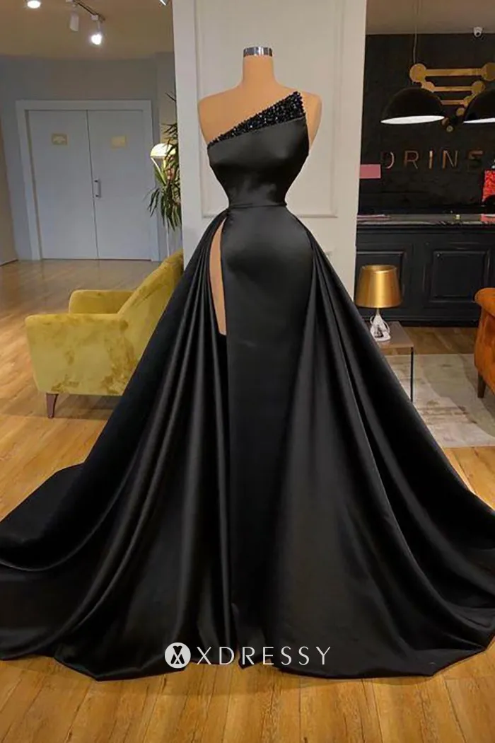black satin beaded one shoulder high slit evening dress