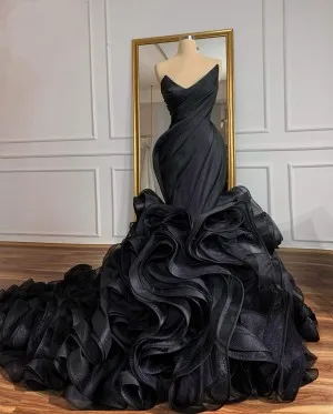 cascading ruffled black organza asymmetric prom gown