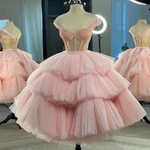 adorable beaded pink tulle tiered tea length ball gown