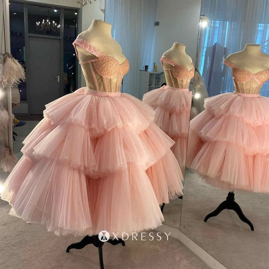 beaded pink tulle tiered tea length prom ball gown