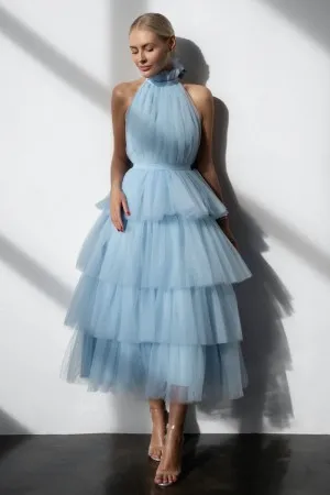 tiered baby blue tulle halter backless airy maxi dress
