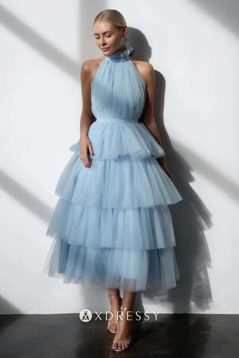 Tiered Baby Blue Tulle Halter Backless Airy Maxi Dress Xdressy