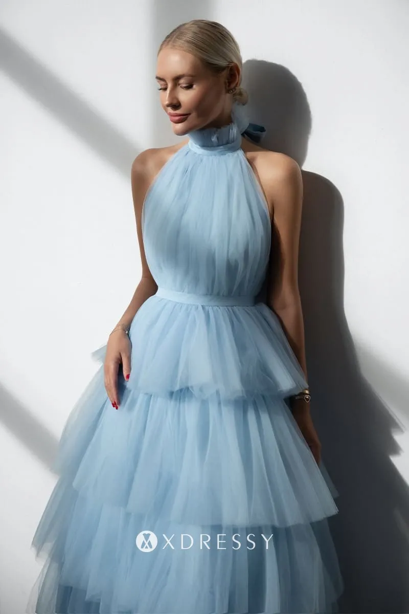 Tiered Baby Blue Tulle Halter Backless Airy Maxi Dress Xdressy
