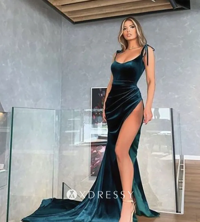 blue green velvet scoop neck high split long train military ball dress