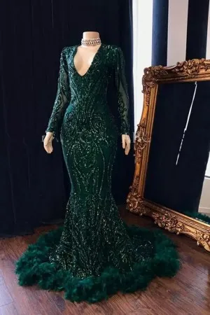 luxury dark green sequin feather mermaid prom gown
