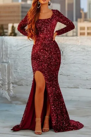 scarlet sequin scoop neck long sleeve slit evening gown