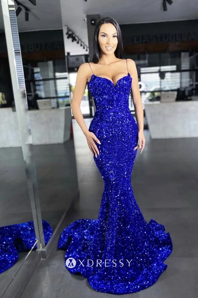 Royal Blue Sequin Maxi Dress - Square Neck Spaghetti Strap main image 0