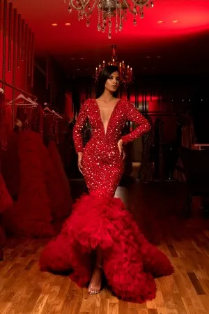 sparkly red beaded long sleeve cascading tulle dress